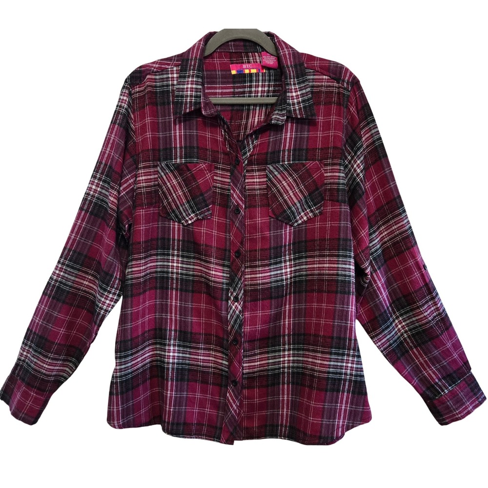Bay Trading Company Granola Girl Magenta Plaid Flannel Button Down Shirt 1XL